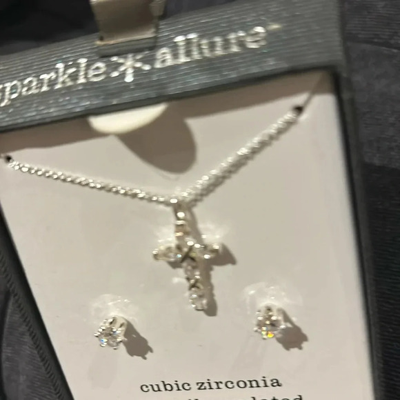 Sparkle Allure cubic zirconia silver cross bling  pendant  neck lace earrings - Picture 3 of 8